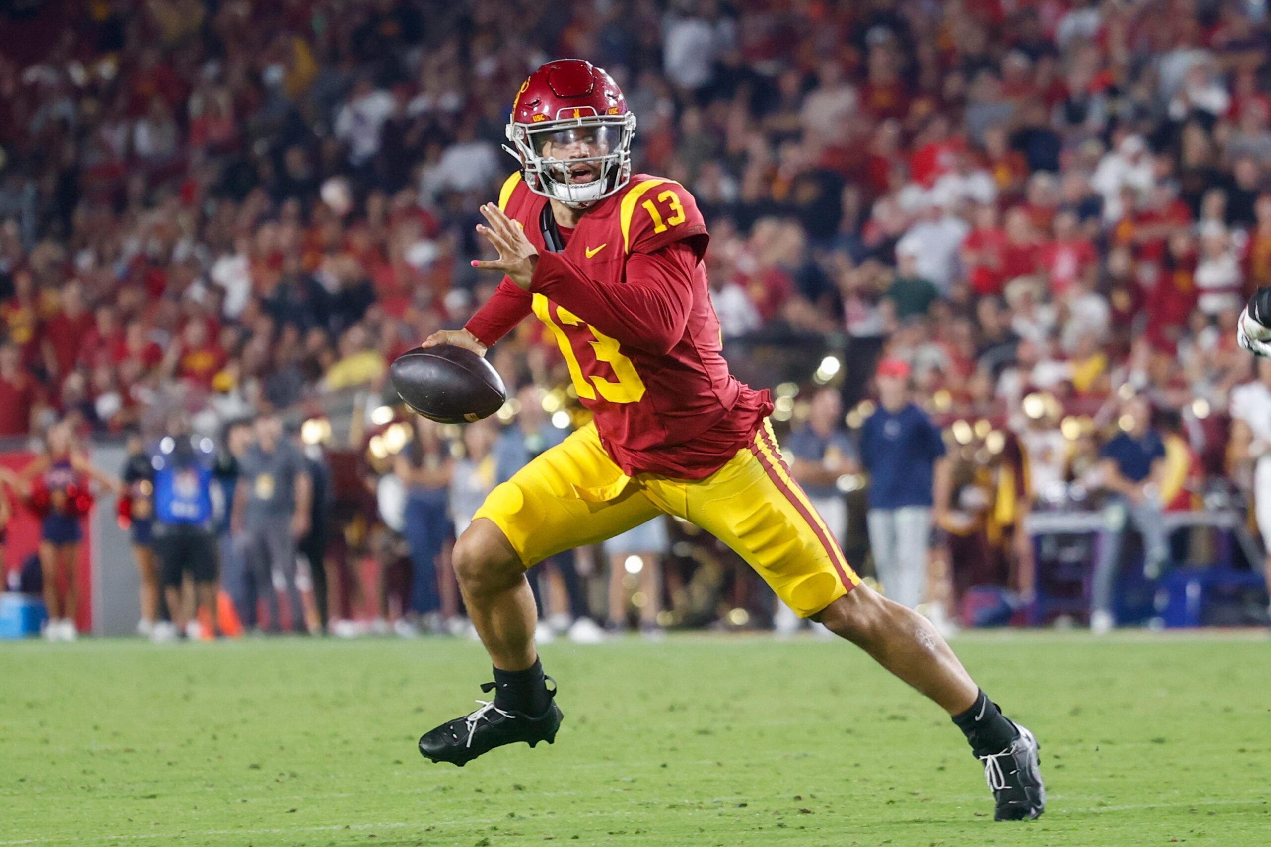 Southern California quarterback Caleb Williams (13) in actions during an NCAA college football game against the Arizona, Oct. 7, 2023 in Los Angeles.