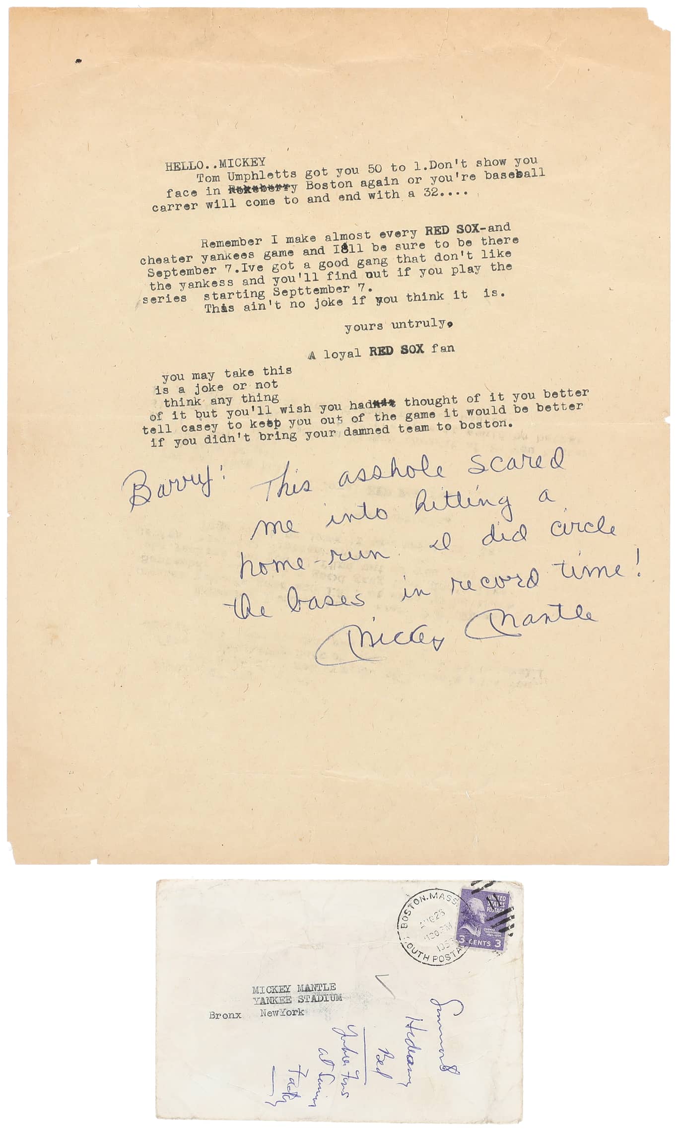 Death threat letter signed by Mickey Mantle