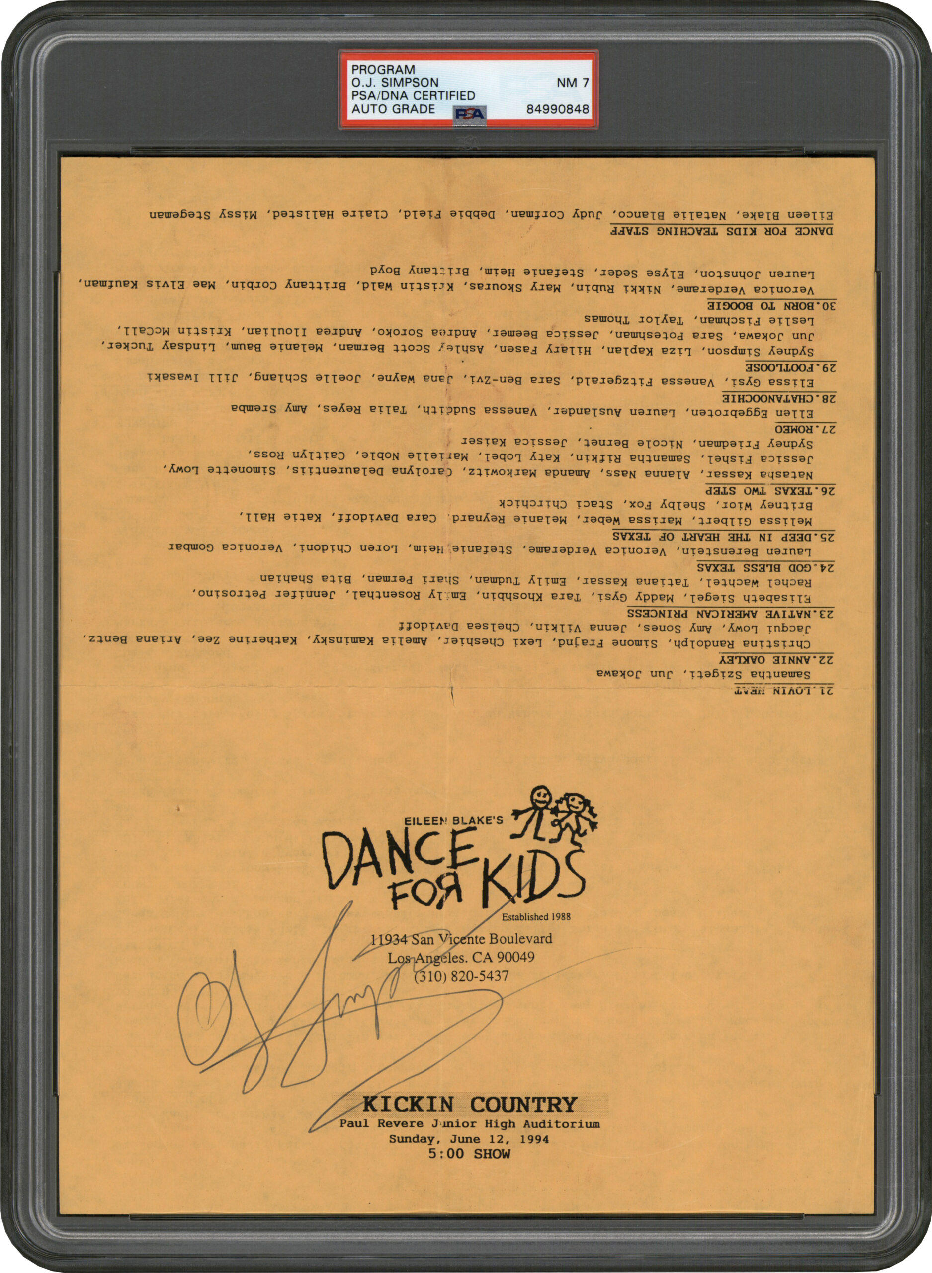 Signed O.J. Simpson dance recital program